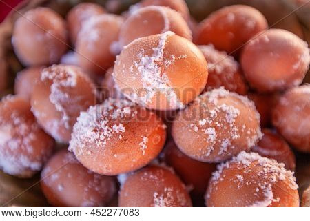 Close-up Hard-boiled Eggs Or Salted Duck Eggs Are Made By Immersing Eggs In The Ancient Method Of Bo