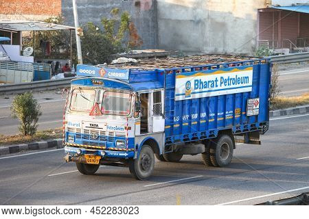 Jaipur, India - March 2, 2022: Cyan Gasoline Carrier Tata 1613 At An Interurban Road.