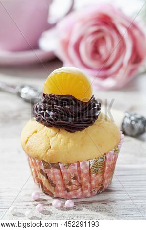 Sweet Festive Chocalate Cupcake With Pink Strawberry Top