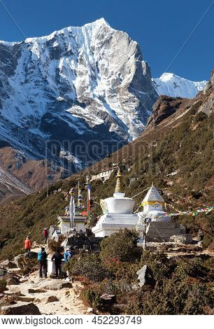 Thame Gompa With Stupa And Temple, Buddhist Monastery In Khumbu Valley On Three Passes Trek, Mount E