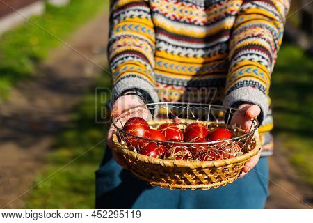 Defocus Ukrainian Young Smiling Woman In Hat Holding Plate Of Collection Of Red Egg On Nature Backgr