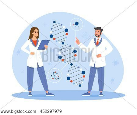 Laboratory Research Concept. Man And Girl Next To Dna, Cell Structure. Doctors Research Virus, Biolo