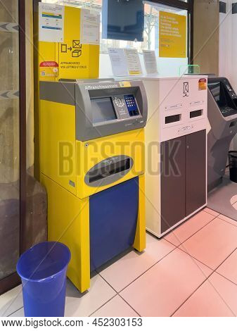 Paris, France - Mar 10, 2022: Side View Of Postage Meter Machines Named Lisa Libre Service Affranchi
