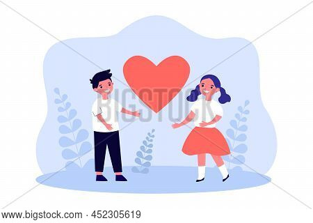 Tiny Preschool Kids Standing Near Big Heart. Romantic Relationship Of Cute Girl And Boy Flat Vector 