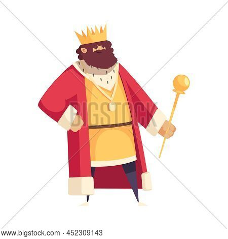 Smiling Bearded Fairy Tale King Holding Scepter Flat Vector Illustration