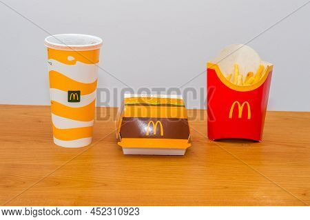 Pruszcz Gdanski, Poland - March 31, 2022: Mcdonald's Big Mac Menu With French Fries, Ketchup And Coc