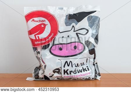 Pruszcz Gdanski, Poland - March 24, 2022: Pack Of Auchan Muu Krowski, Polish Sweets.