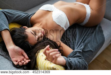 Portrait Of Sensual Beautiful Woman In Ligerie. Beauty, Fashion, Glamour Concept