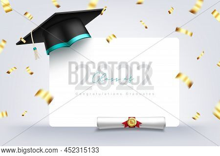 Graduation Vector Template Design. Congratulations Class Of 2022 Text In White Space With Mortarboar