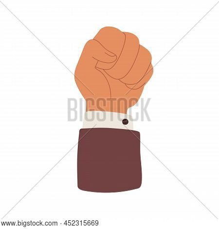 Hand, Clenched Fist Raised Up For Solidarity. Strong Arm Of Activist Rising High For Strike, Protest