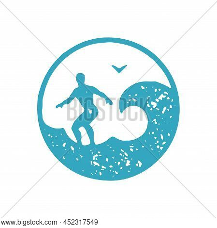 Hand Drawn Surfer Riding On Board At Sea Wave Seagull Circle Logo Decorative Design Grunge Texture