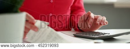 Close-up Of Office Worker Calculate Financial Situation In Company, Female Accountant Use Calculator