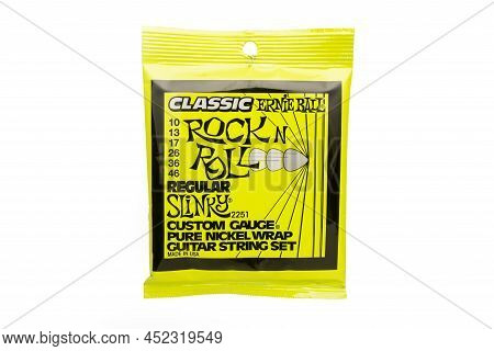 Carrara, Italy - April 05, 2022 - Set Of Ernie Ball Classic Strings For Electric Guitar