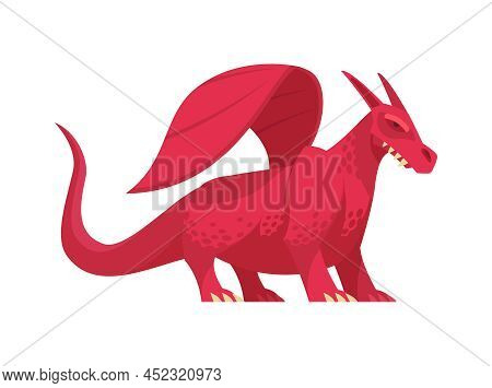 Angry Magical Red Dragon On White Background Flat Vector Illustration
