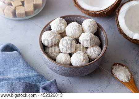 Coconut Candy Or Cookies. Dessert. Coconut. Vegetarian Food.