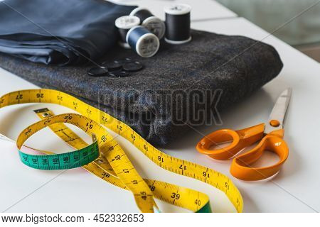Sewing Items. Tailoring Scissors, Measuring Tape, Spools Of Thread, Seamstress Tools, Rulers, Button