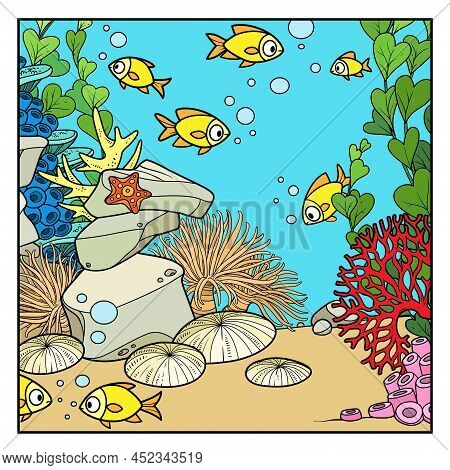 Cartoon Underwater World With Corals, Hydras, Algae And Anemones Grow On Sandstonescolor Variation F