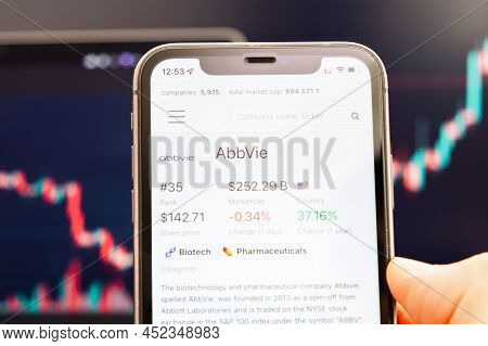 Abbvie Stock Price On The Screen Of Mobile Phone In Mans Hand With Changing Stock Market Graphs On T