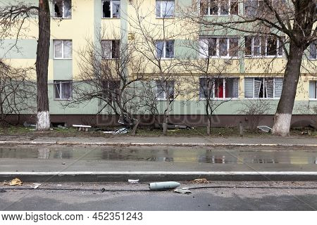 Bucha, Ukraine - Apr. 03, 2022: Chaos And Devastation On The Streets Of Bucha After The Exit Of The 
