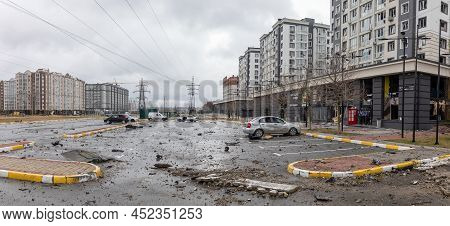 Bucha, Ukraine - Apr. 03, 2022: Chaos And Devastation On The Streets Of Bucha After The Exit Of The 