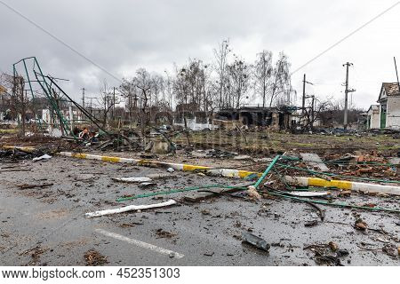 Bucha, Ukraine - Apr. 03, 2022: Chaos And Devastation On The Streets Of Bucha After The Exit Of The 