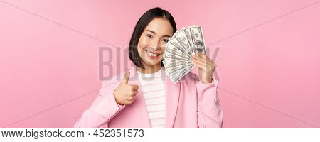 Microcredit, Investment And Business People Concept. Young Asian Businesswoman, Corporate Lady Showi