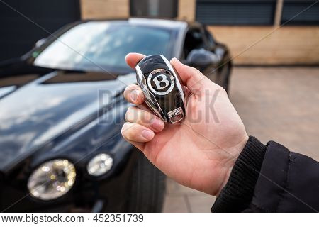 Slovenia, Ljubljana - March 9 2022: Bentley Badge Logo Of Luxury Car.