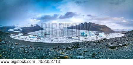 Glacier Lake Panorama With Massive Glaciars In Iceland