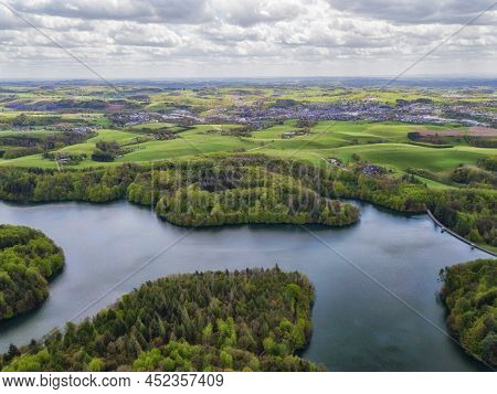 Aerial View Of The Neyetalsperre (neye Dam) In The Bergisches Land With A View Of Wipperfuerth In Th