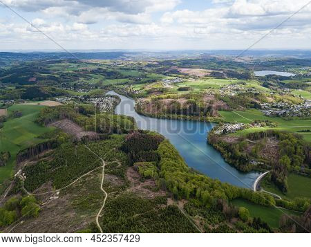 Aerial View Of The Lingesetalsperre (lingese Dam) In Marienheide In The Bergisches Land In Germany A