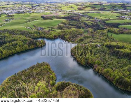 Aerial View Of The Neyetalsperre (neye Dam) In The Bergisches Land With A View Of Wipperfuerth In Th