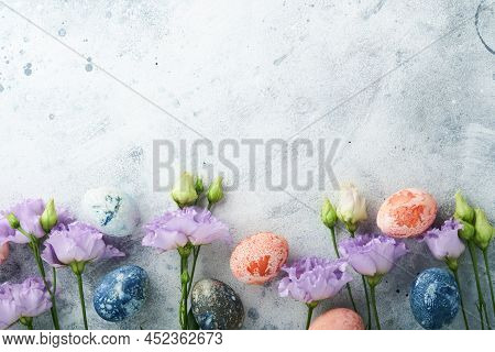 Easter Eggs. Dyed Easter Eggs With Marble Stone Effect Ref And Blue Color In Rustic Style On Light G