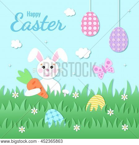 Easter Card Paper Cut Out Concept. Easter Egg Hunt. White Rabbit With A Carrot On A Green Lawn. Brig