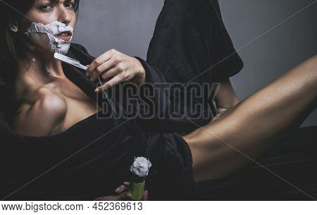 Feminism. Sexy Woman Shaving And Feminism Concept. Dominancy Of Women Over Men. Matriarchy.