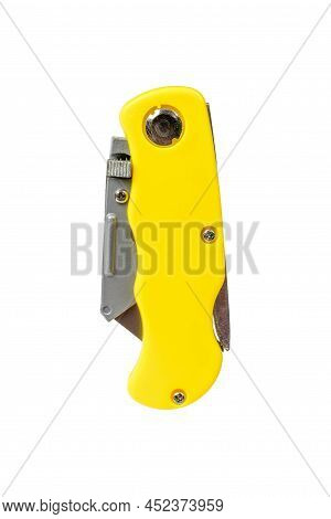 Folded Folding Yellow Knife Isolated On A White Background. Manual Cutting Tool.