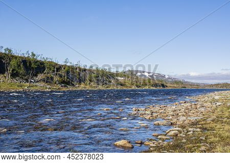 View Of The River Goahtemuorjohka, Kvalsund, Finnmark, Norway