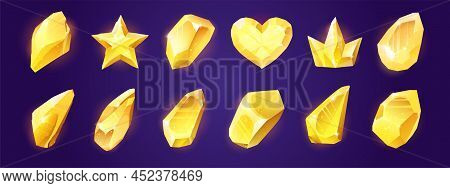 Magic Crystals, Yellow Rocks, Gem Stones, Isolated Crystalline Gemstones In Shape Of Heart, Crown An