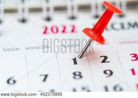 Red Push Pin On Calendar 1th Day Of The Month, Mark The Event Day With A Pin. Pin On Calendar Day On