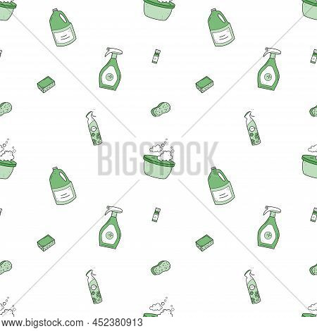 Eco Friendly Natural Household Cleaning Products Seamless Pattern. Green House Concept. House Washin