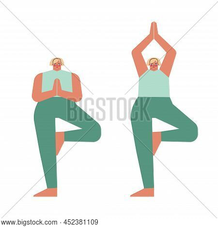 Vector Isolated Concept With Flat Female Characters. Caucasian Adult Blonde Woman Learns Balancing P