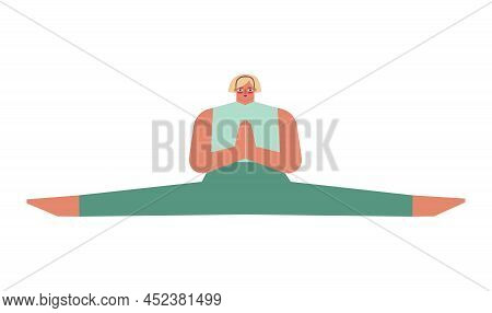 Vector Isolated Concept With Flat Female Character. Strong Adult Blonde Woman Learns Stretching Post
