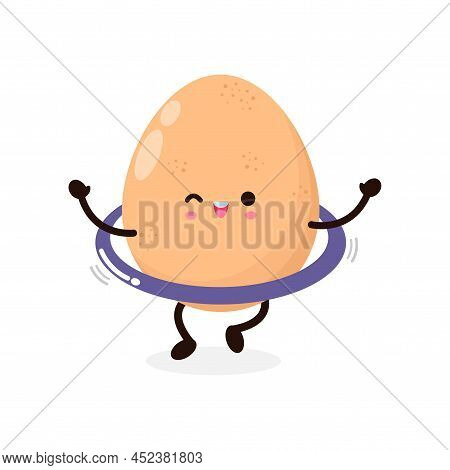 Funny Cartoon Cute Happy Chicken Egg Playing Hulahoop, Healthy Food Concept, Icon Comic Character Ve