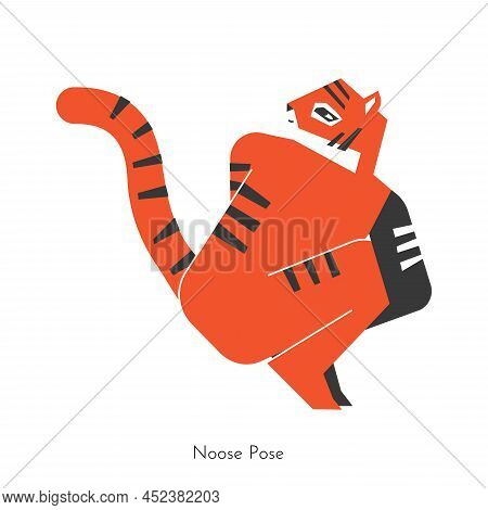 Vector Isolated Concept With Cartoon Animal Character Learning Yoga Practice - Pasasana. Korean Tige