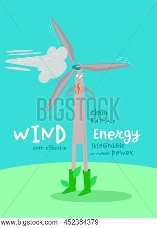 Wind Energy Vertical Poster With Funny Creative Character.