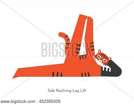 Vector Concept With Animal Cartoon Character Learning Core Yoga Practice - Anantasana. Chinese Tiger