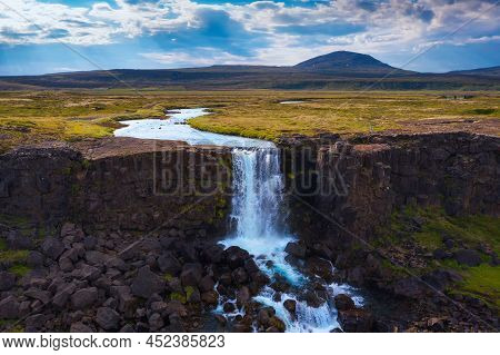 Aerial View Of The Oxarafoss Waterfalls In Iceland. Oxarafoss Also Called Oxararfoss Is Located In T