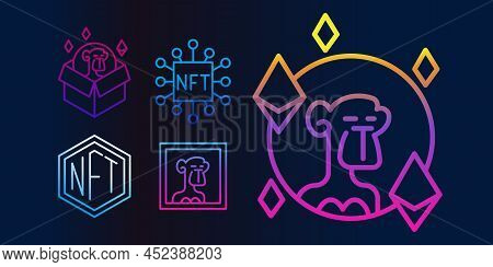 Nft Gallery Line Icon Set. Bright Neon Icons Of Non Fungible Token. Apes Nft Pictogram Collection.