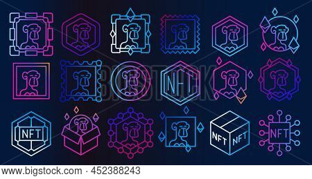 Nft Gallery Line Icon Set. Bright Neon Icons Of Non Fungible Token. Apes Nft Pictogram Collection.