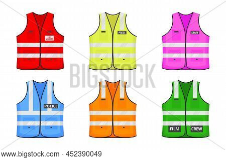Safety Reflective Vest With Label Flat Style Design Vector Illustration Set. Various Color Fluoresce