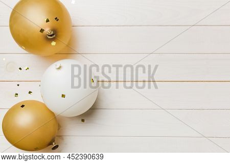 Background With Fastive Air Balloons Of Round Shape And Confetti, Multicoloured Top View. Birthday P